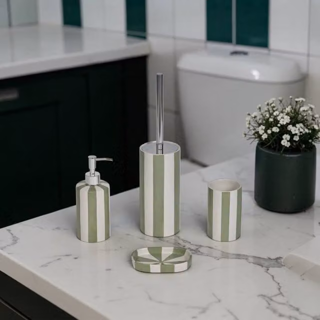 Showerdrape 4 Piece Ceramic Bathroom Accessory Set in Green and White Striped Design featuring Soap Dispenser, Soap Dish, Tumbler and Toilet Brush – 1
