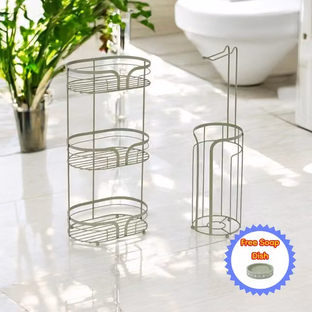 Showerdrape Dante Freestanding Floor Caddy and Toilet Roll Holder in Green, H 57.0 x W 28.5 x D 57.0 cm