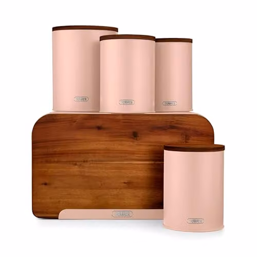 Tower Scandi 5 Piece Acacia Wood Kitchen Storage Set in Pink and Grey