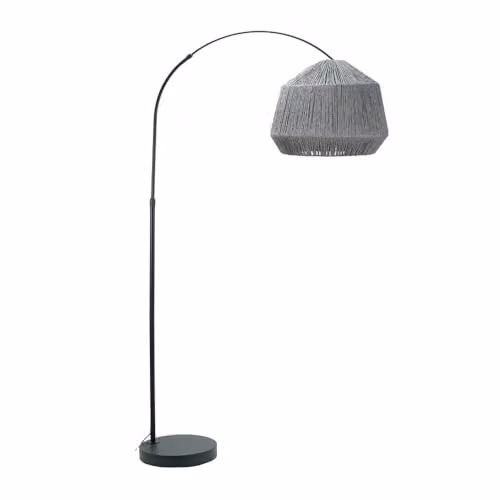 ValueLights Black Metal Arched Stem Floor Lamp with Grey Rope Shade and Included LED Bulb, H 180 cm x W 42 cm x D 42 cm