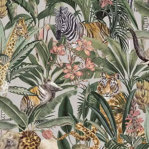 Holden Decor Safari Floral Animal Fusion Wallpaper in Grey, Silver, Green and Multicolour