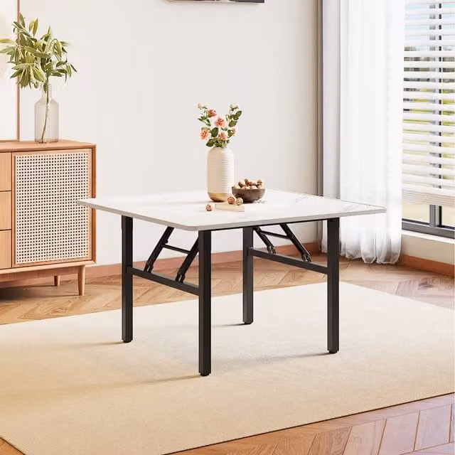 Livingandhome Modern Square Folding Coffee Table with Marble-Effect Surface, White