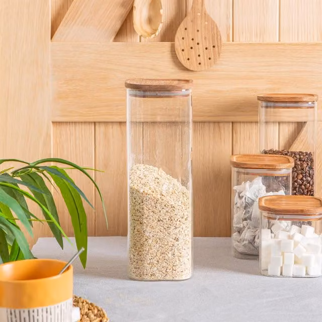 Argon Tableware Square Glass Storage Jar with Wooden Lid, Transparent/White, 2.2l