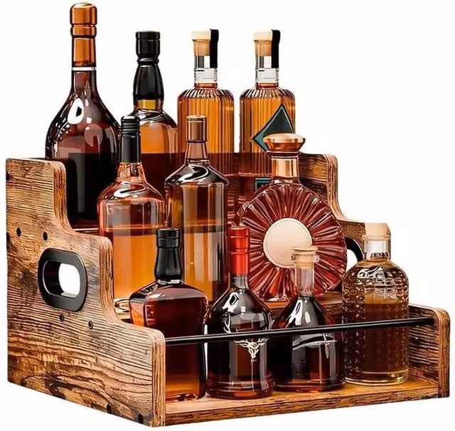 VOGREX Industrial Wooden and Metal Countertop Wine Bottle Display Rack in Brown, W/D/H: 41.0 x 23.5 x 3.0 cm – 1
