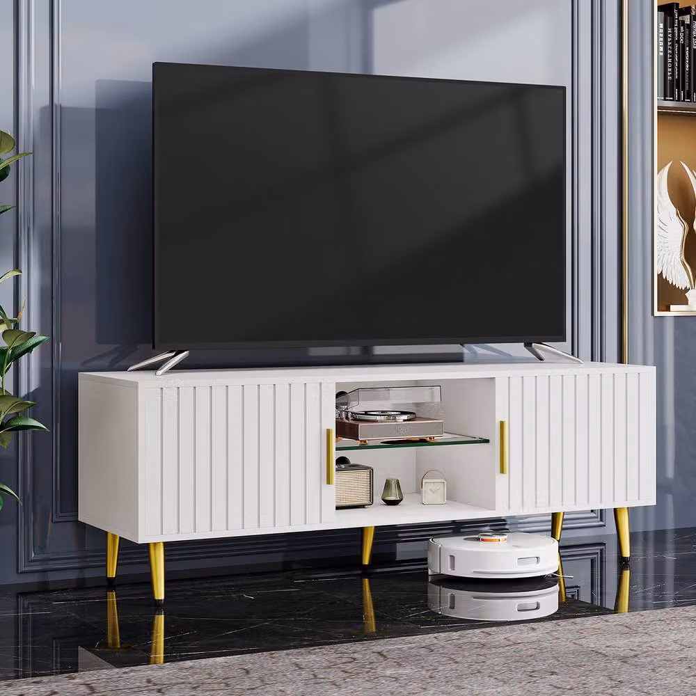 Dprodo Modern White TV Stand Cabinet with Ambient Light, W/D/H: 140 x 40 x 48 cm – 5