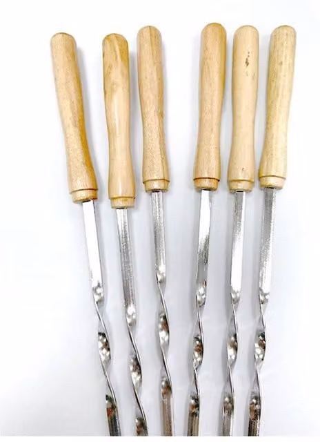 KDMD Twisted Metal BBQ Kebab Skewer Sticks, 6 Pack, Silver with Wood Handle, Length: 46 cm – 1