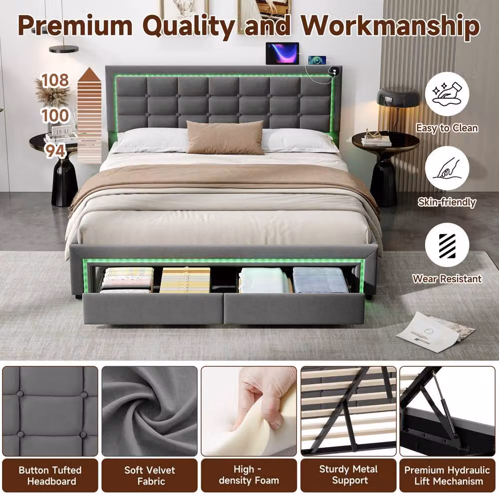 STILVORA Grey Upholstered Double Ottoman Bed Frame with Under-Bed LED Lighting and USB Charging Port, W/D/H: 140 x 200 x 137 cm – 7