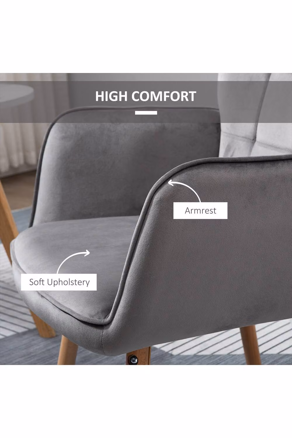 ERGOVEXA Modern Grey Velvet Accent Chair with Armrests and Wood Legs, W/D/H: 71.0 x 76.0 x 101.0 cm – 2