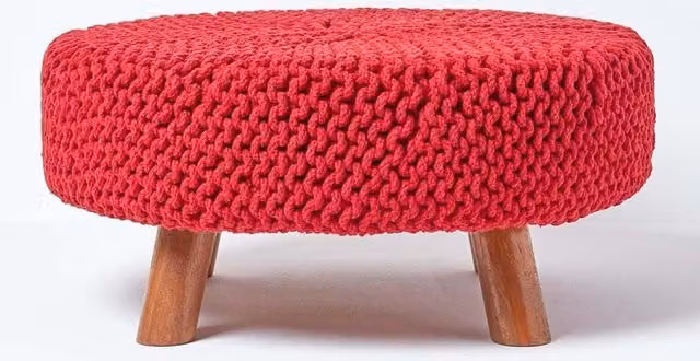Homescapes Large Round Red Cotton Knitted Footstool with Wood Legs – 1