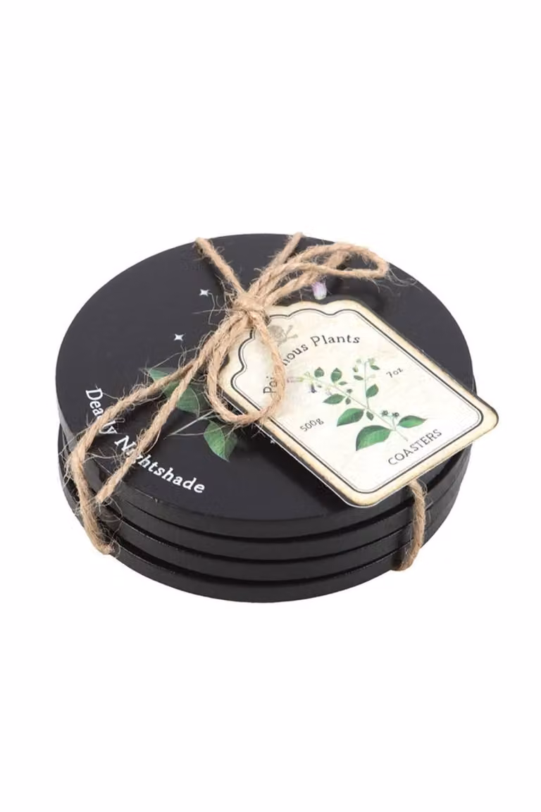 KDMD Poisonous Plants Round Wood Coaster Set in Black