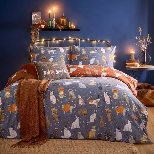 Furn Halloween Pawty Reversible Graphic Printed Duvet Cover Set, Multicolour, W: 180 cm, L: 200 cm