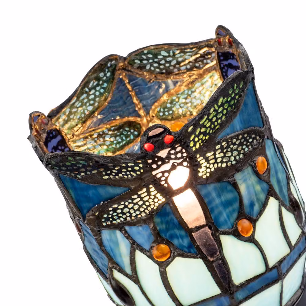 Happy Homewares Classic Dragonfly Tiffany Uplighter Tabletop Lamp in Blue Stained Glass and Black Metal, H: 40.0 cm, W: 18.0 cm, D: 15.0 cm – 6
