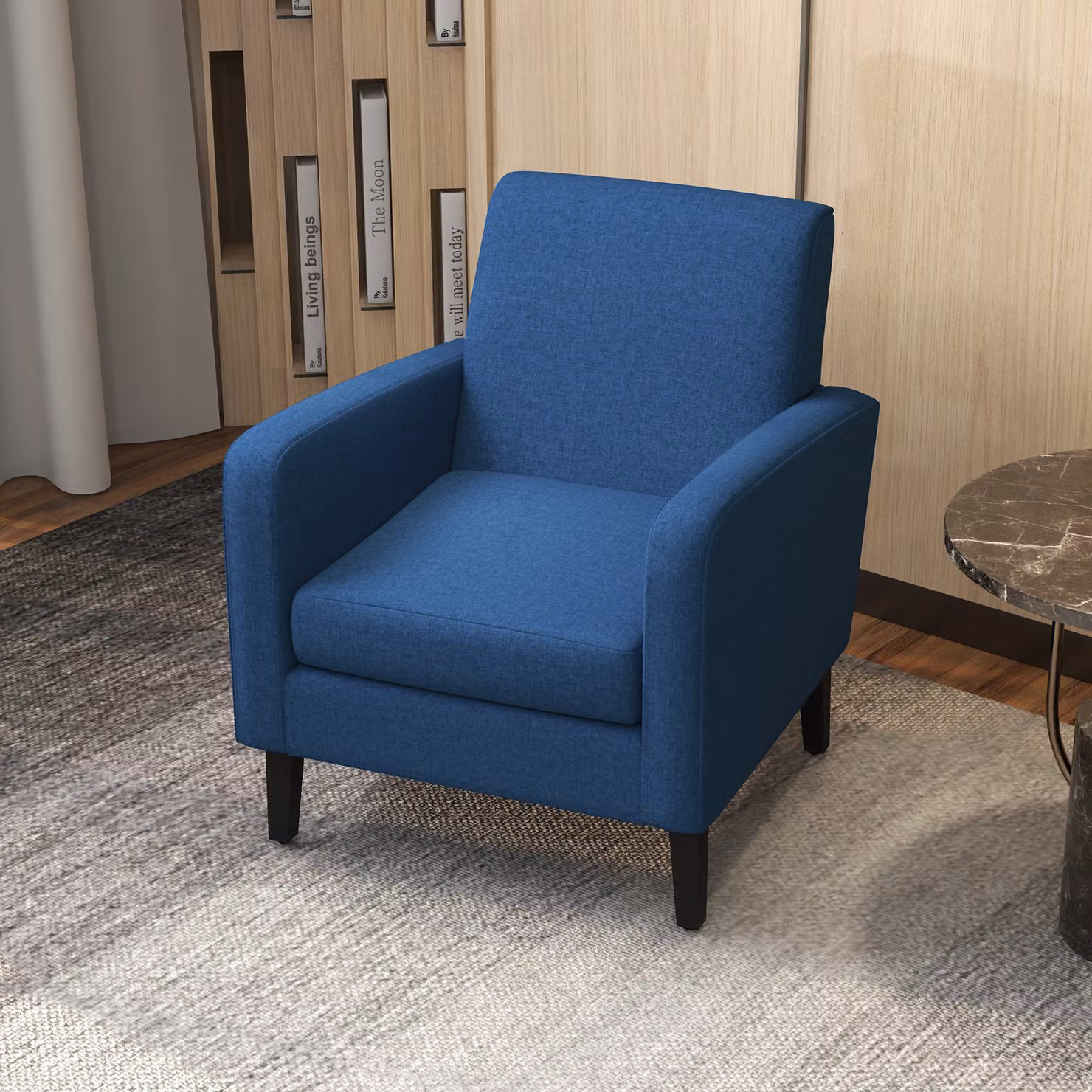 HOMCOM Set of 2 Modern Blue Upholstered Accent Armchairs with Rubberwood Legs – 8
