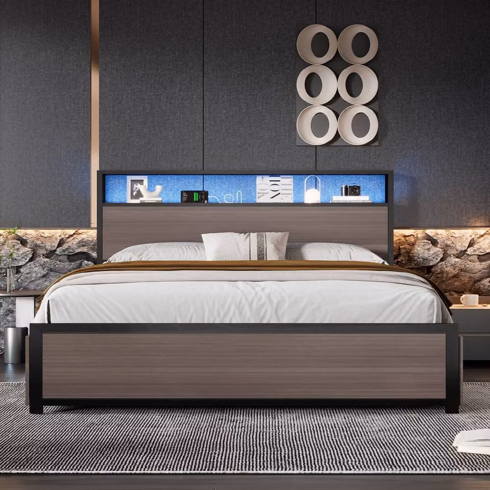 Merax Double Industrial Metal and Wood Bed in Grey and Black with LED Headboard, USB Charging Port and 4 Drawers, W/D/H: 140 x 200 x 135.5 cm – 2