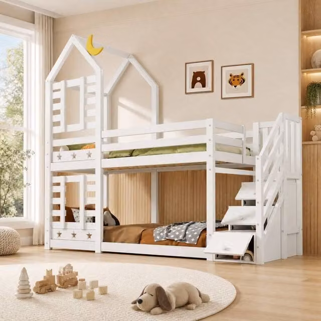 STILVORA White Childrens Bunk Bed with House Frame, Stairs and Storage Drawers, H 120 cm x W 91.44 cm x D 90 cm – 1