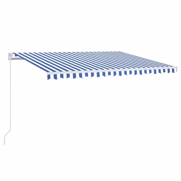 Berkfield Home Manual Retractable Awning with LED, Blue and White Striped Polyester Fabric, W: 450 cm, D: 350 cm