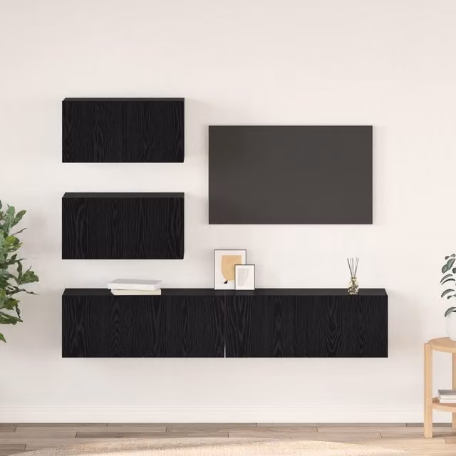 Berkfield Home 4-Piece Modern Wall-Mounted TV Cabinet Set in Black Oak, W/D/H: 80 x 30 x 30 cm