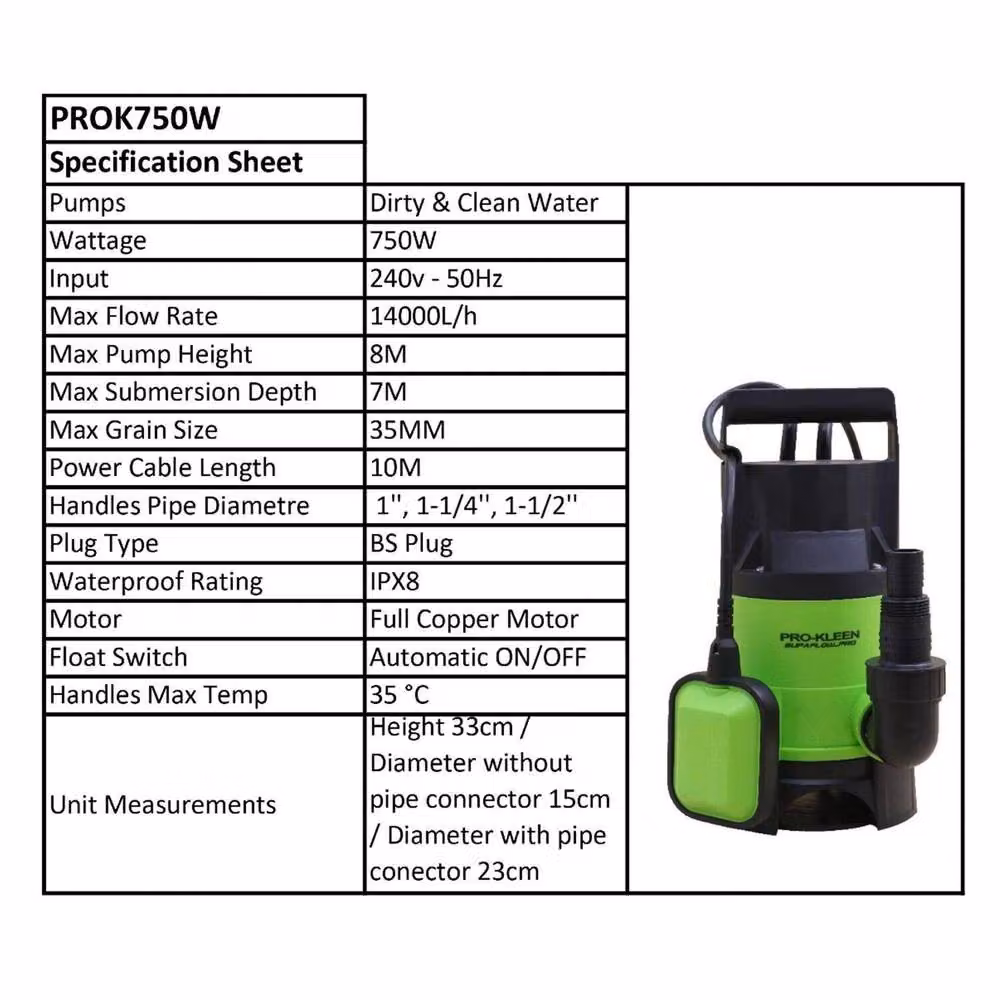 ProKleen 750W Electric Submersible Water Pump for Dirty or Clean Water with 25m Hose, Green – 4