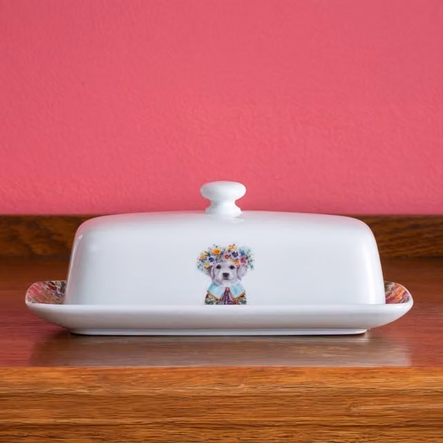 Mikasa Tipperleyhill Porcelain Butter Dish with Lid, Puppy Print, White, W: 21 cm, D: 11 cm, H: 7 cm