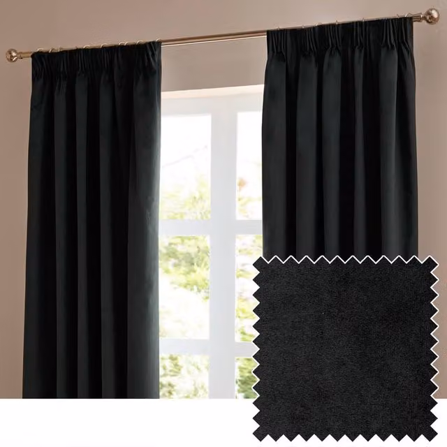 Furn Black Velvet Room Darkening Pencil Pleat Curtain Pair, Width: 117 cm, Drop: 137 cm