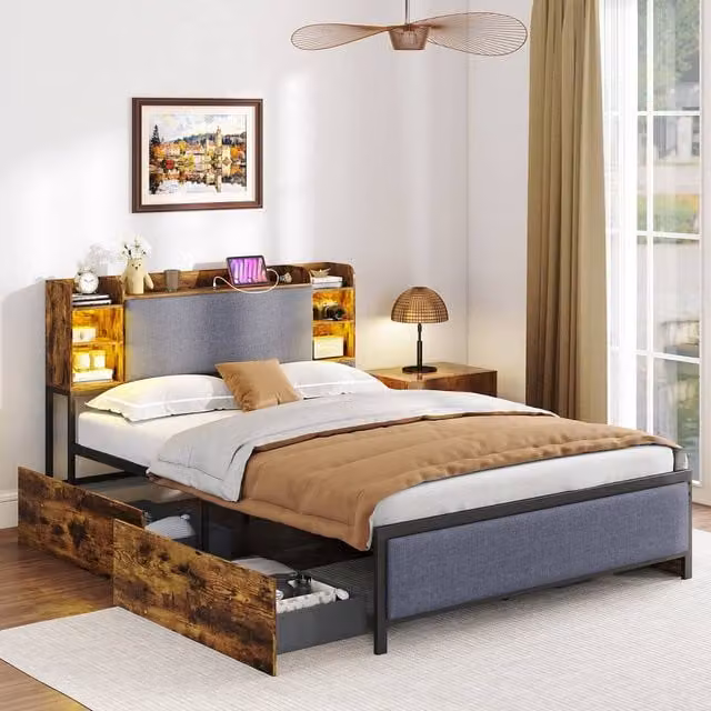 Costway Double Size Platform Bed Frame in Brown with LED Lights, USB Charging Port and Drawers, W/D/H: 140 x 200 cm