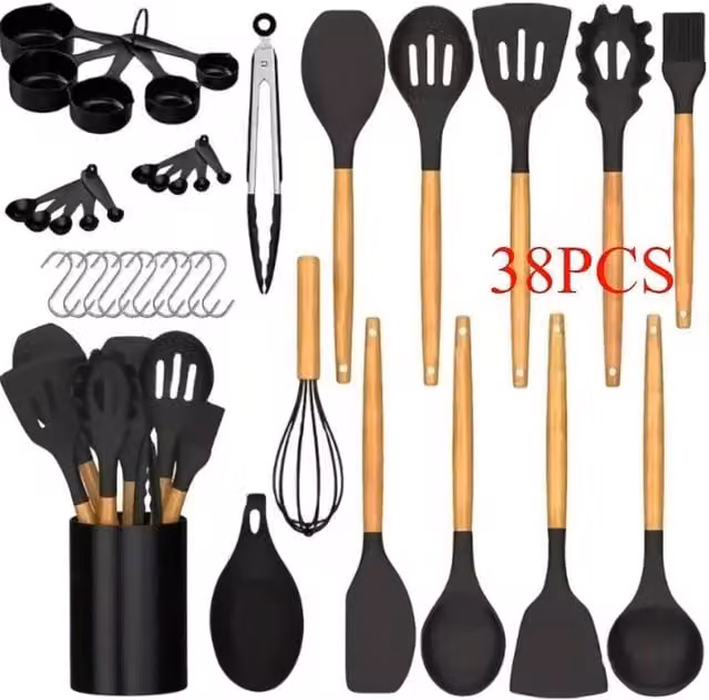 PAWNORA 38 Piece Heat Resistant Silicone and Wood Kitchen Utensils Set with Holder in Black – 1