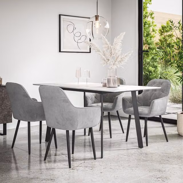 More4Homes Haydon Extending Marble Effect Dining Table Set with 6 Anika Velvet Chairs in Grey, White and Black, W/D/H: 120 x 80 x 76 cm