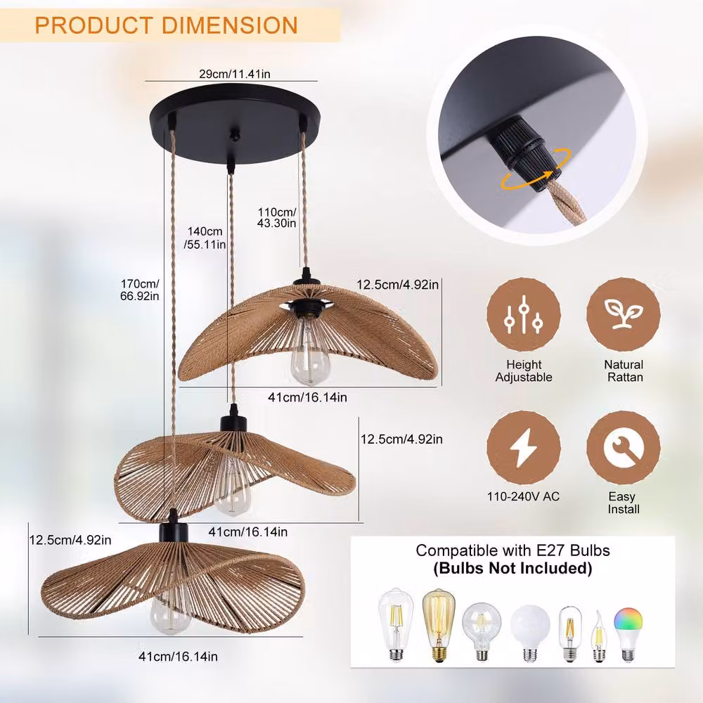 NIVOR 3-Light Rattan Farmhouse Cluster Pendant Light, Brown Boho Style Suspended Ceiling Chandelier – 2