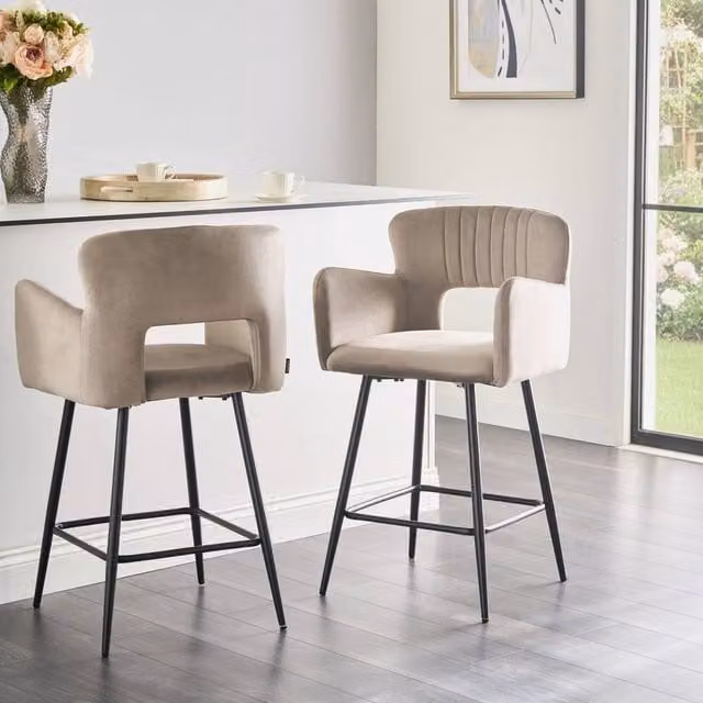 Wyld and Coco Set of 2 Taupe Velvet Bar Chairs with Armrests and Cut Out Backrest in Black and Beige – 1