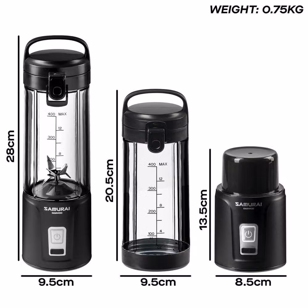 Daewoo Samurai USB-C Rechargeable Portable Blender in Black with Stainless Steel Blades – 4