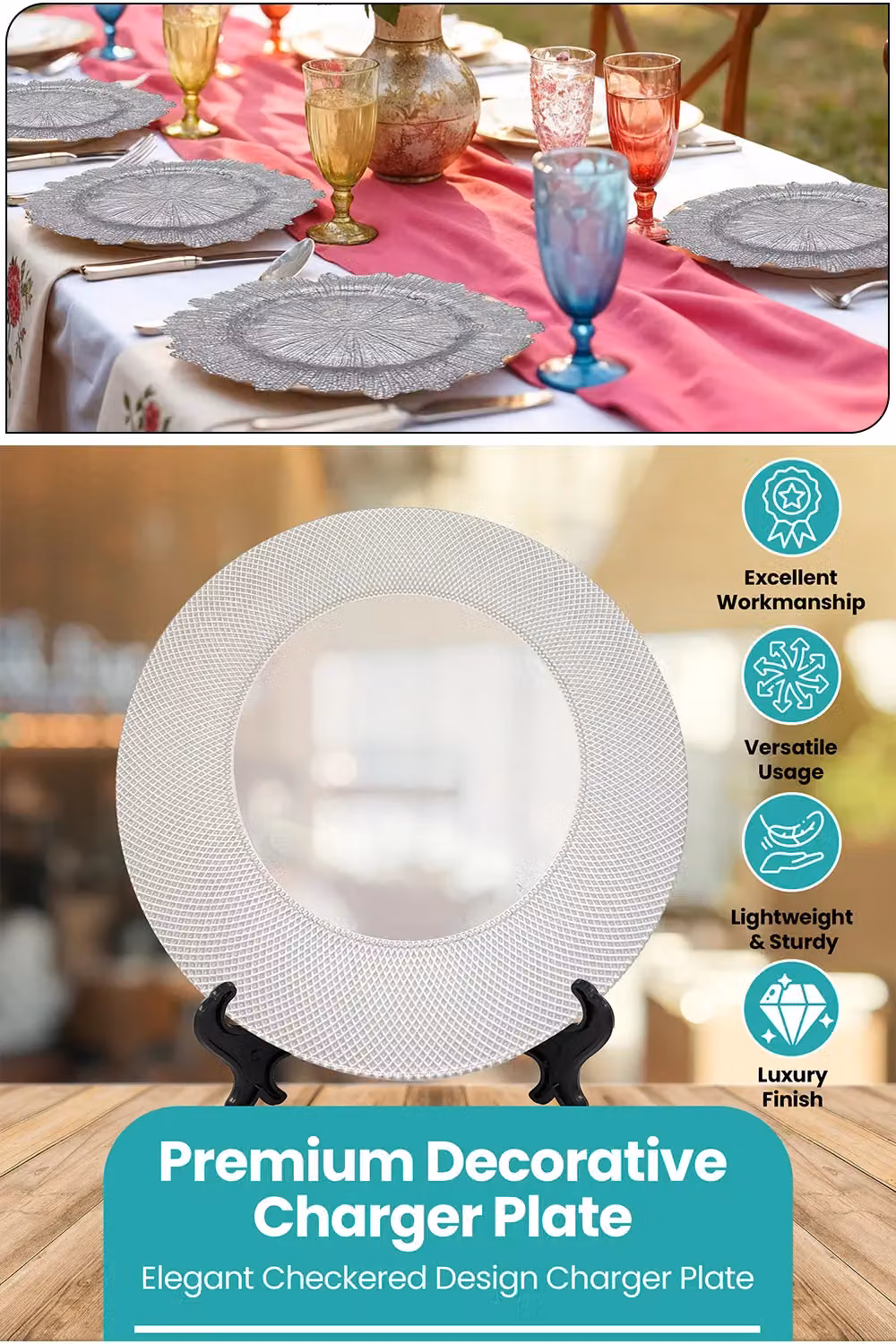 Neel Blue Checkered Glass Charger Plates in Blue and Silver, Diameter: 33 cm