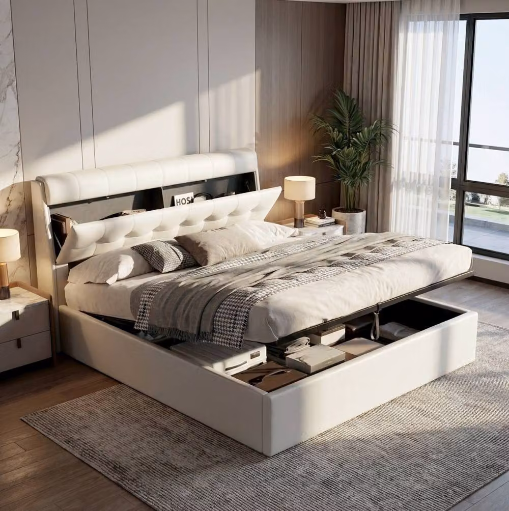 STILVORA Modern Upholstered Double Bed with Hydraulic Lift-Up Storage in Beige Synthetic Leather W/D/H: 140 x 200 cm – 4