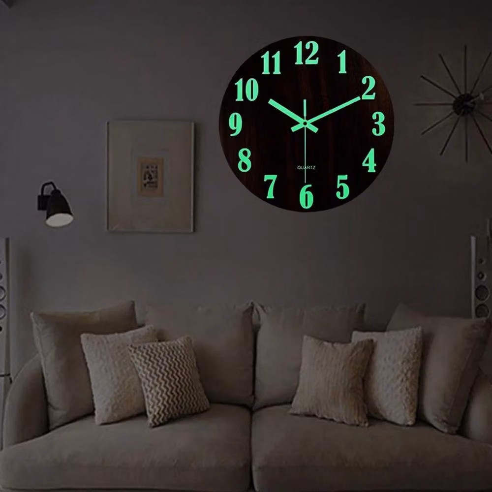 PAWNORA Round Luminous Wall Clock in Dark Brown, Diameter: 30.48 cm – 5
