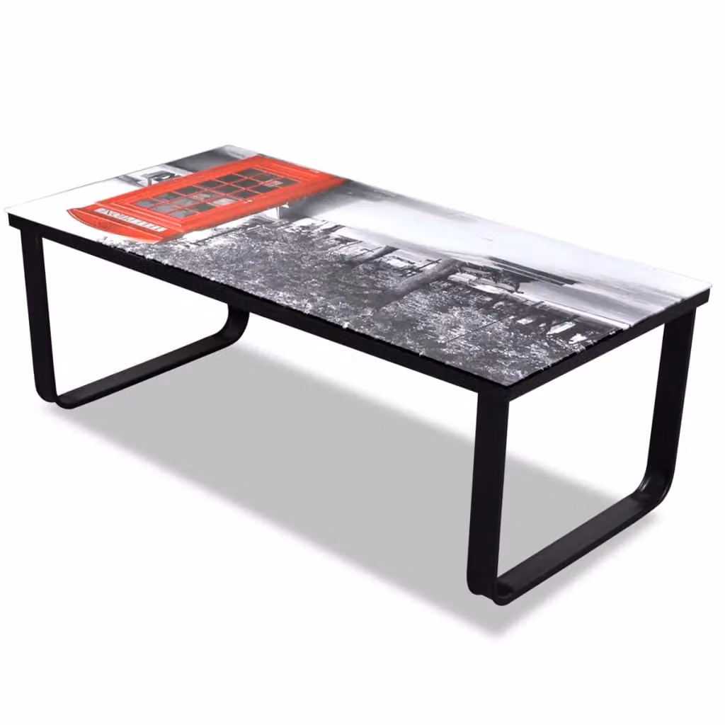 Berkfield Home Modern Rectangular Coffee Table with Abstract Telephone Booth Printing Glass Top and Black Metal Sled Base – 3