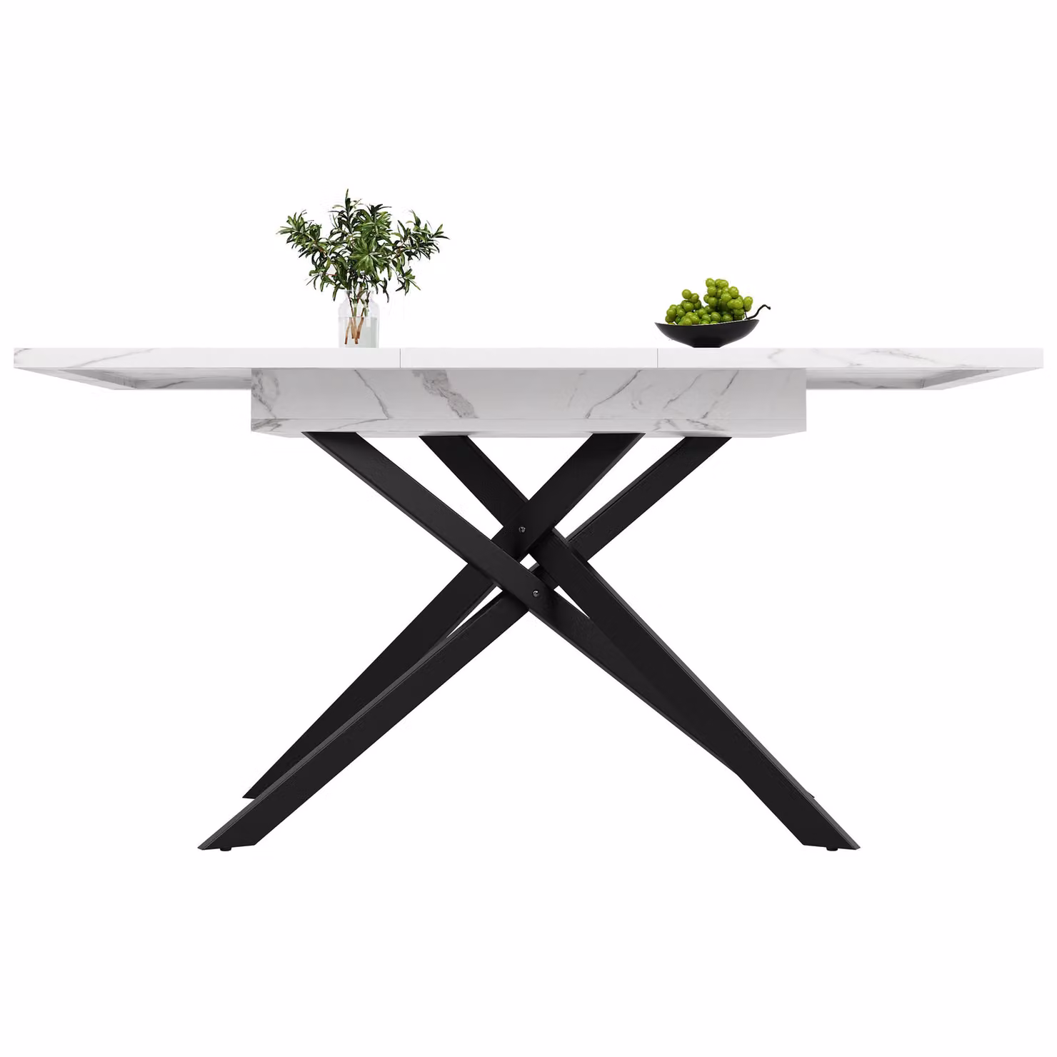 Aosom UK Extendable Dining Table with White Marbled MDF Top and Black Crossed Iron Legs, W/D/H: 120-160 x 80 x 76.5 cm – 2