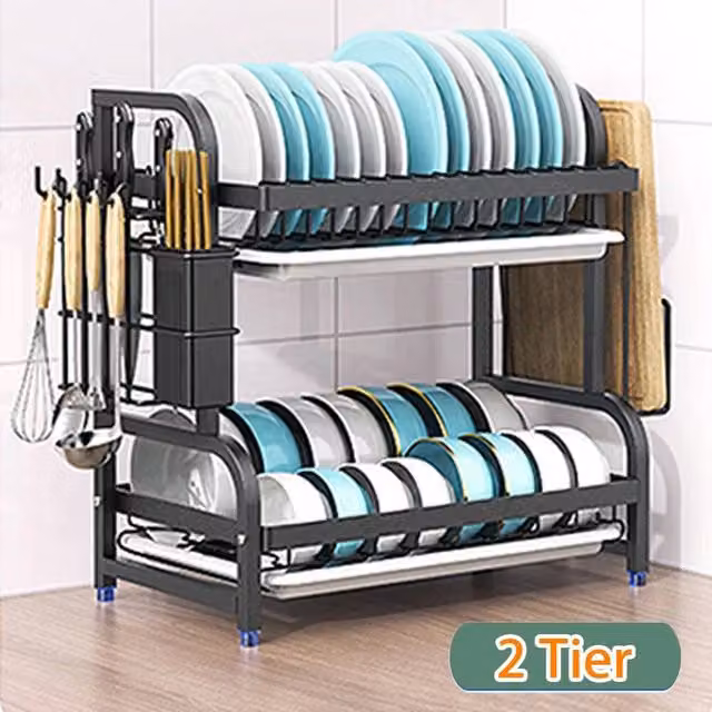 Hinsinc 2 Tier Black Metal Dish Drying Rack and Storage Drainer