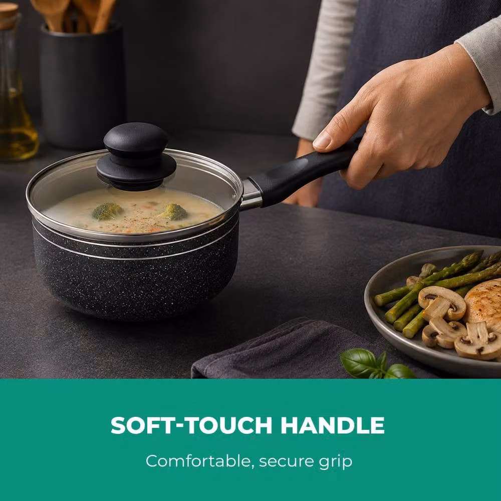 Royalford Non-Stick Pressed Aluminium Saucepan Set with Glass Lids, Black – 3
