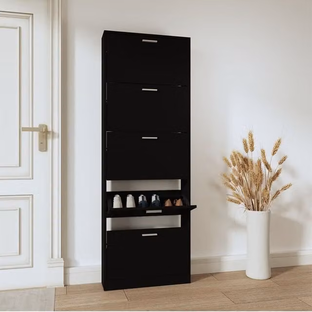 Berkfield Home Black Modern Shoe Cabinet with Tilting Compartments and Drawers, W/D/H: 59 x 17 x 169 cm