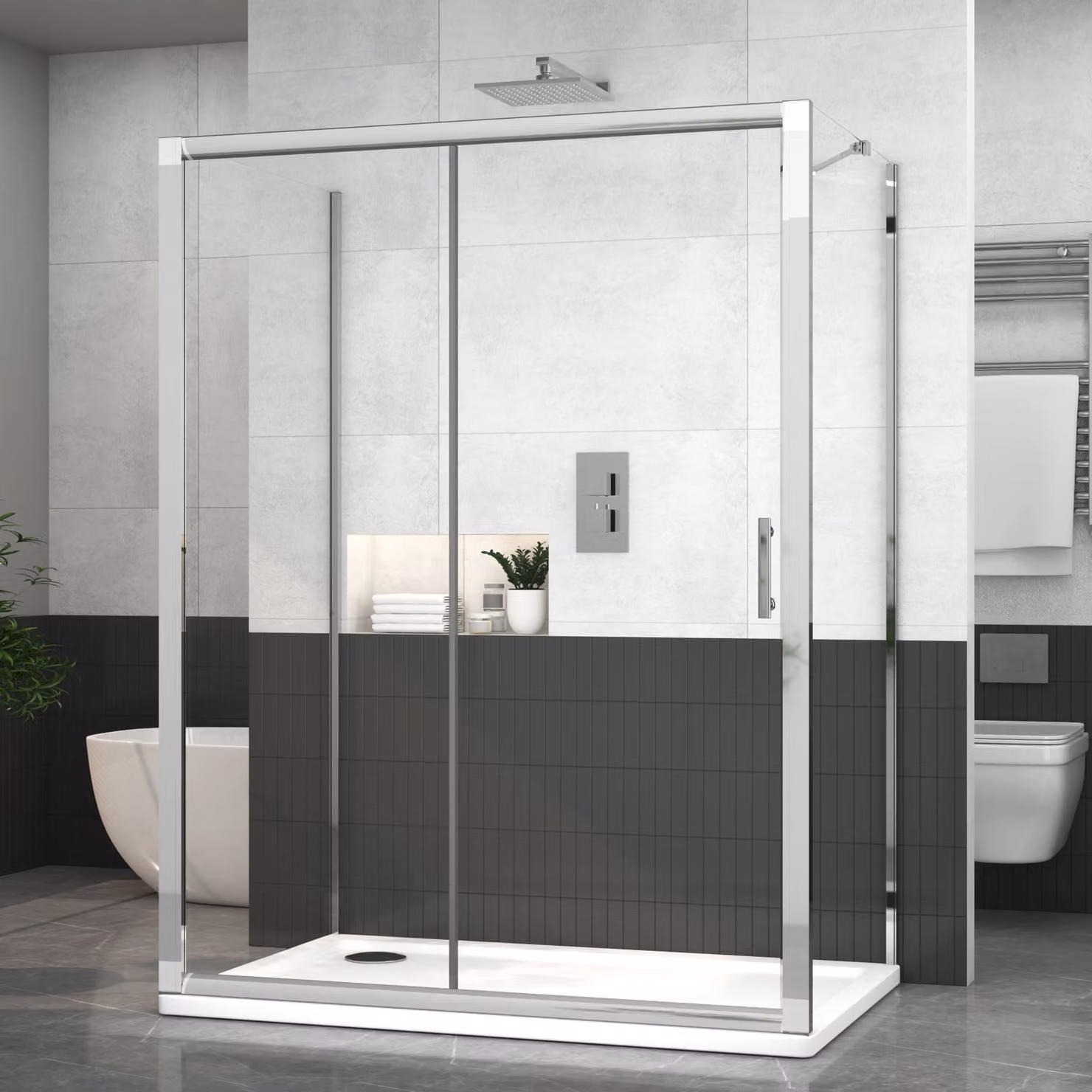 Royal Bathrooms Grand 3-Sided Rectangular Sliding Door Shower Enclosure with 6mm Transparent Glass and Silver Trim, W: 130 cm, D: 90 cm