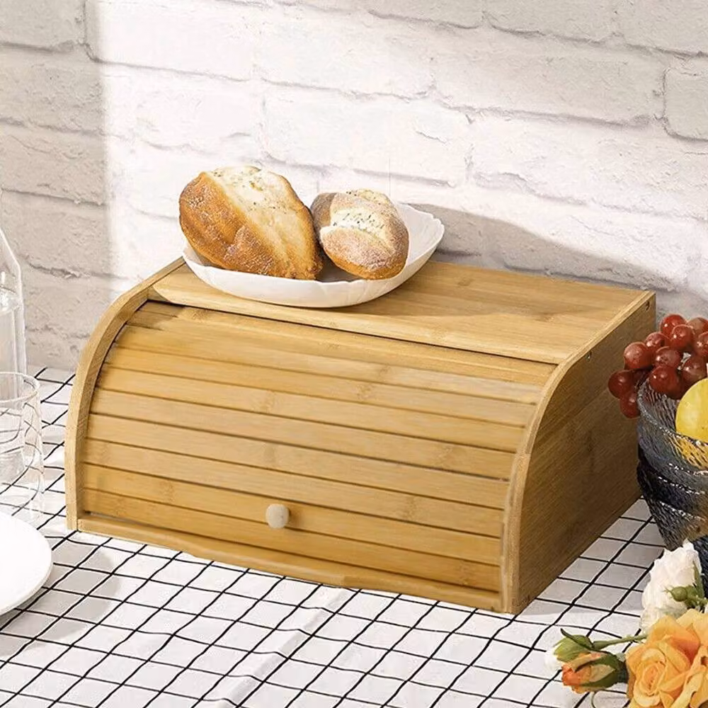 EONLION Large Bamboo Bread Bin with Roll Top in Brown, Width: 100 cm – 3