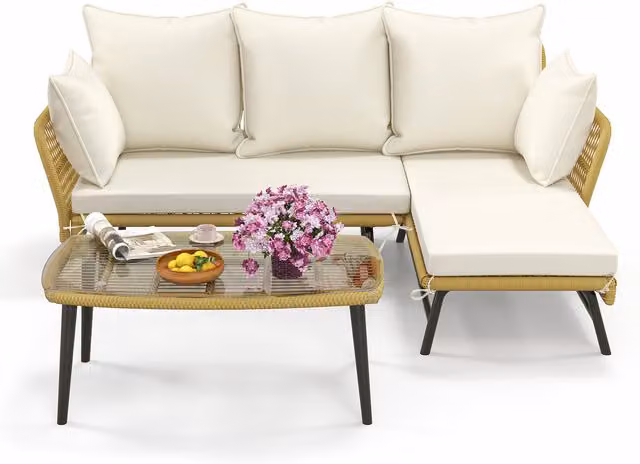 Costway 3 Piece L-Shaped Modern Rattan Garden Sofa Set in White