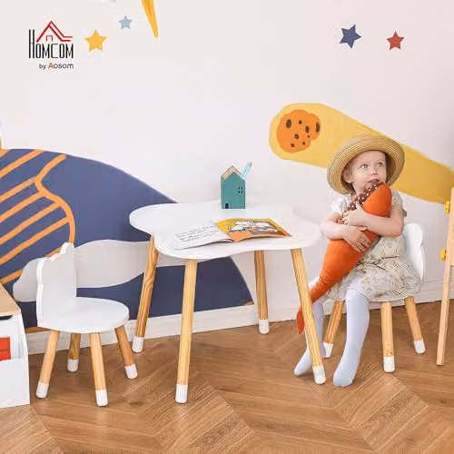 HOMCOM 3-Piece Kids Table and Chair Set with 2 Bear-Shaped Chairs, White, H: 56 cm, W: 56 cm, D: 50 cm – 2