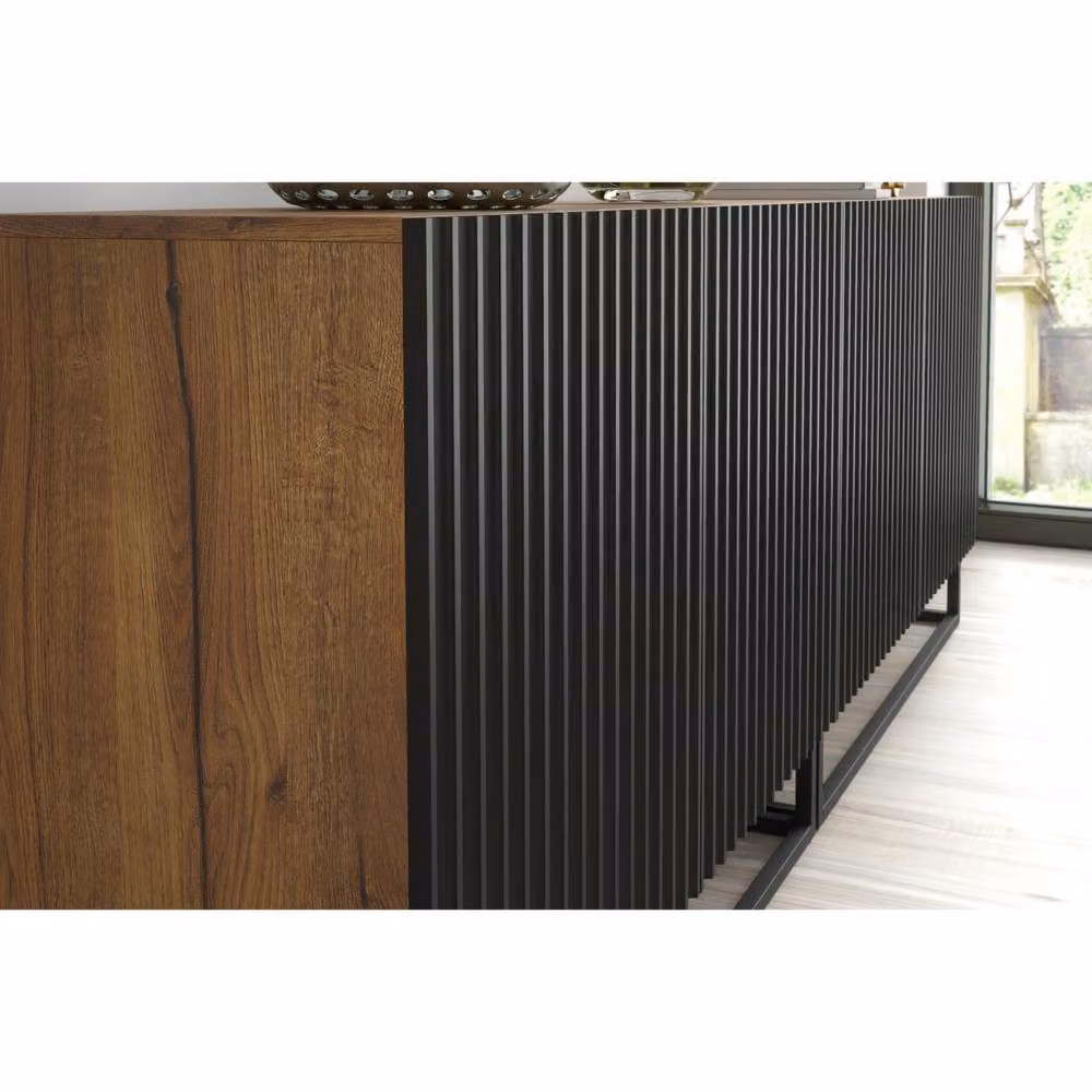 Mex Furniture LTD Ripple Duo Sideboard in Dark Brown with Oak and Black Fluted Doors, W: 200 cm, H: 80 cm, D: 35 cm – 2