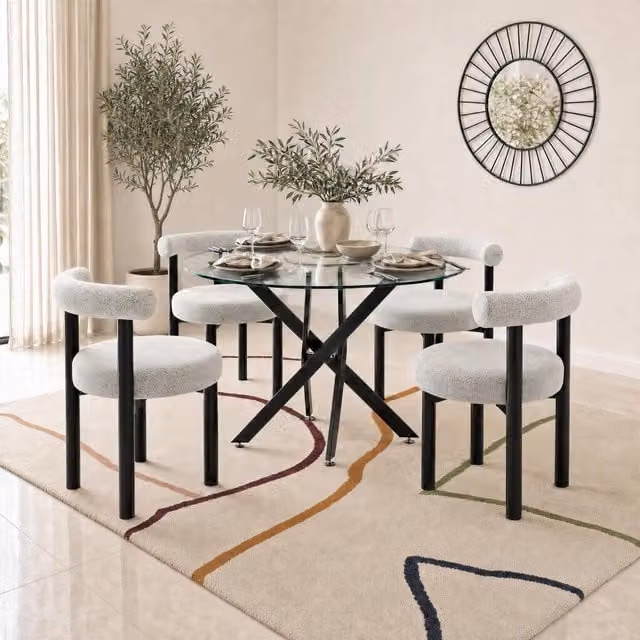 Furniturebox UK Novara Round Glass Dining Table with 4 Isola Chairs in Black and Grey