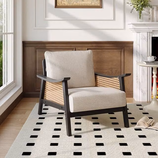 Livingandhome Mid-Century Single Rattan Lounge Armchair with Solid Rubberwood Frame and Fabric Cushion in Beige and White