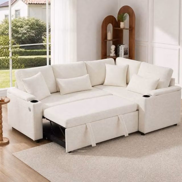 STILVORA L-Shaped Sofa Bed in Beige with USB Charging, Cup Holders and Storage – 1