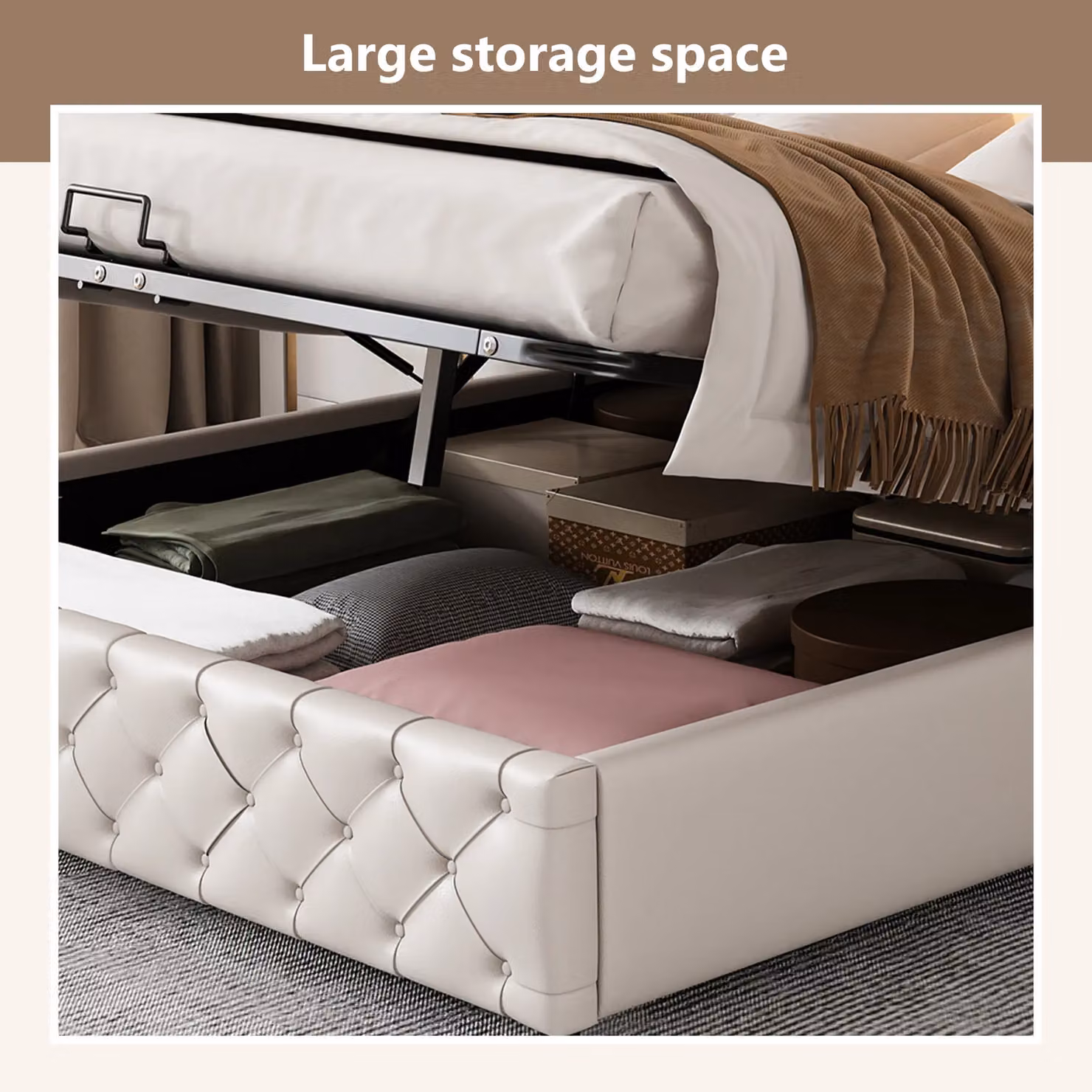 Matteo Upholstered Bed with Slatted Frame, Lift-Up Storage and Under-Bed Lighting in Beige – 4