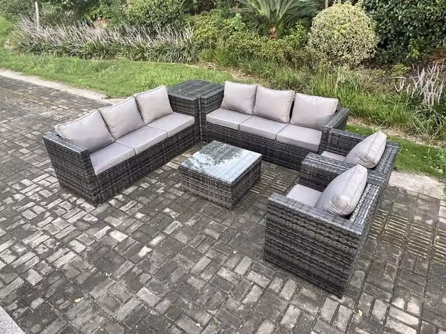 Fimous 8 Seater Rattan Garden Furniture Set in Dark Grey Mixed with 2 Armchairs, Side Table and Square Coffee Table