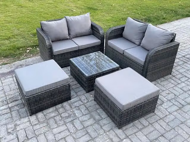 Fimous Rattan Outdoor Garden Furniture Set in Dark Grey with 2 Seater Sofa, Square Coffee Table and 2 Ottomans