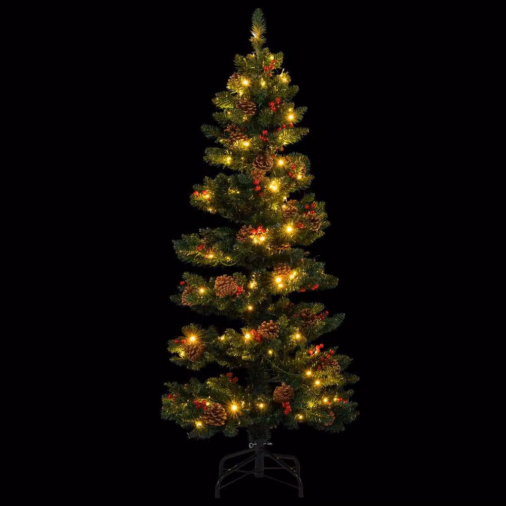 Gymax 5 FT Prelit Christmas Tree with 584 Branch Tips, Pine Cones and Red Berries in Green – 9